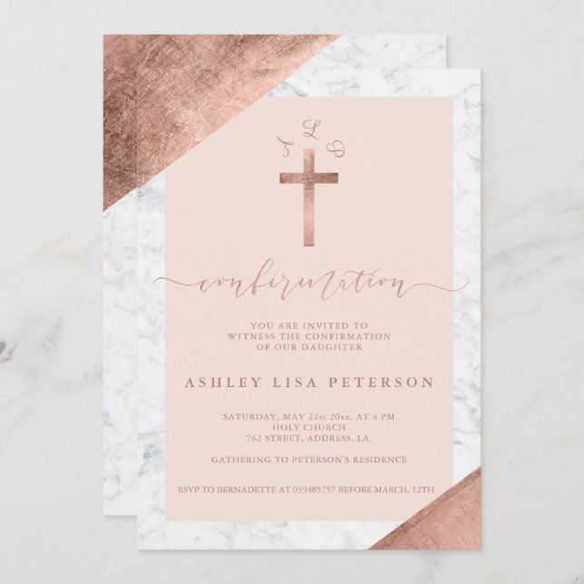 Marble rose gold cross pink monogram confirmation invitation (Front/Back)