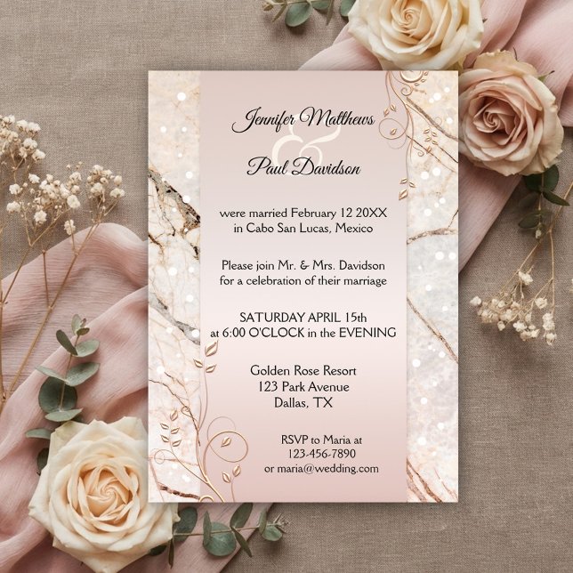 Marble Rose Gold Floral Post Wedding Invitation (After wedding invitation featuring rose gold floral swirls on a blush pink and marble background)