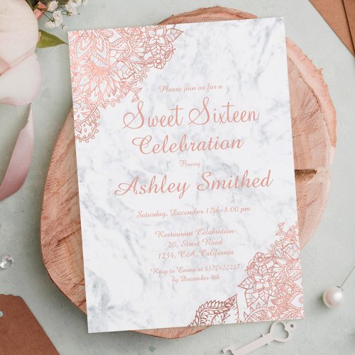 Marble rose gold floral Sweet 16 Invitation