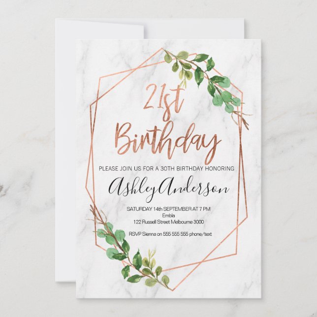 Marble Rose Gold Foliage 21st Birthday invitation (Front)