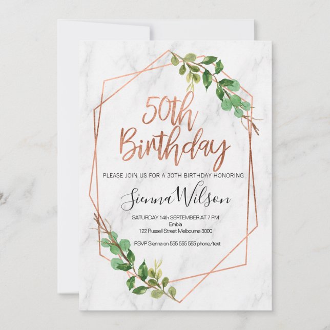 Marble Rose Gold Foliage 50th Birthday invitation (Front)