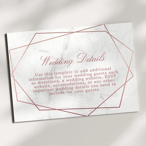 Marble Rose Gold Geometric Wedding Details Info Enclosure Card