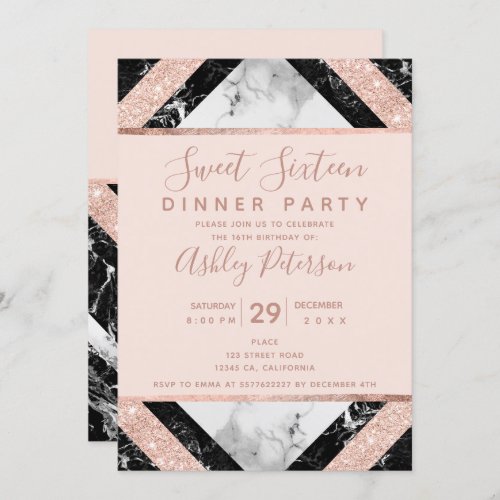 Marble rose gold glitter geometric Sweet Sixteen Invitation