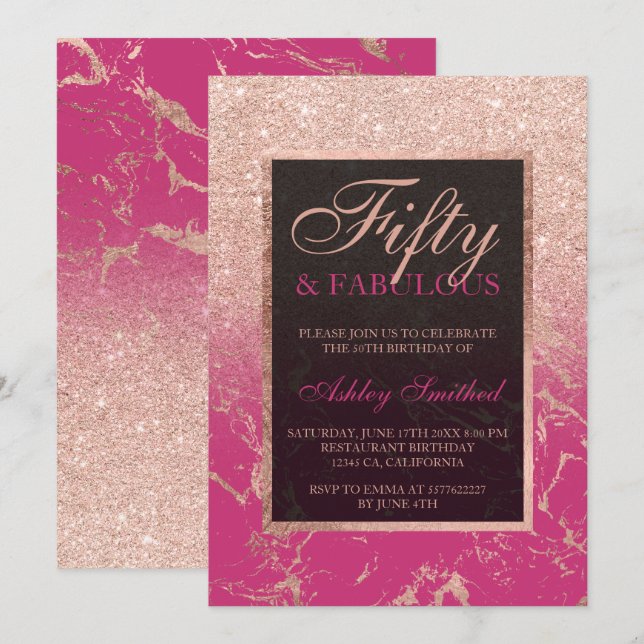 marble rose gold glitter magenta chic 50 fabulous invitation (Front/Back)