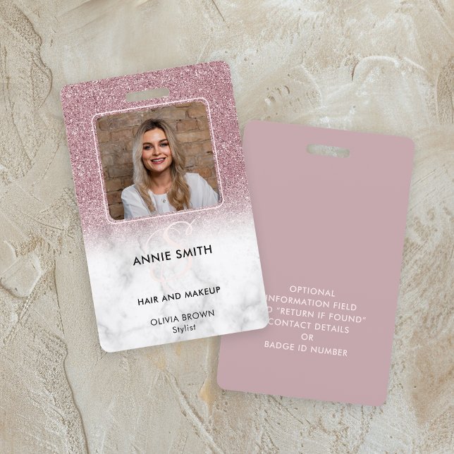 Marble Rose Gold Glitter Photo Makeup Hair Salon Badge (Creator Uploaded)