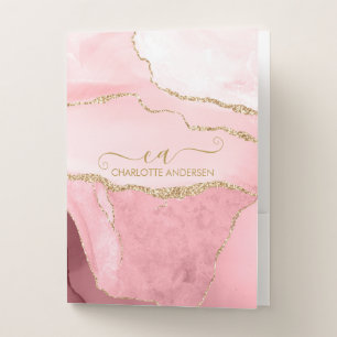 Marble Rose Gold Glitter Script Monogram Pocket Folder
