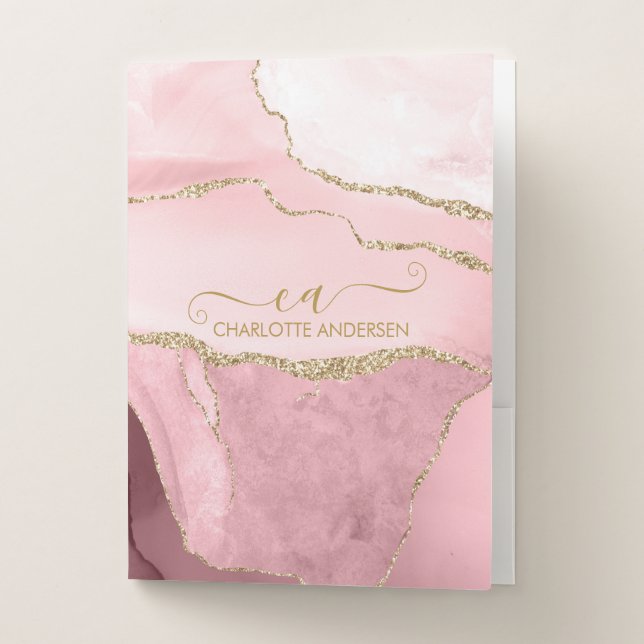 Marble Rose Gold Glitter Script Monogram  Pocket Folder (Front)