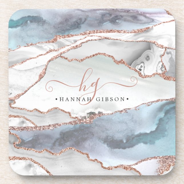 Marble Rose Gold Glitter Teal Script Monogram Beverage Coaster (Front)
