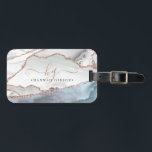 Marble Rose Gold Glitter Teal Script Monogram Luggage Tag<br><div class="desc">Modern, stylish luggage tag featuring gray and white marble with rose gold glitter veins and hints of teal or turquoise and purple agate geode personalized with chic handwritten script monogram initials in an editable rose gold color and name in gray. Use one, two or three initials for your monogram and...</div>