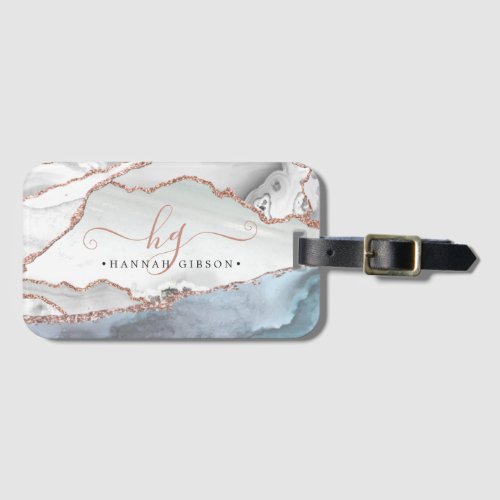 Marble Rose Gold Glitter Teal Script Monogram Luggage Tag
