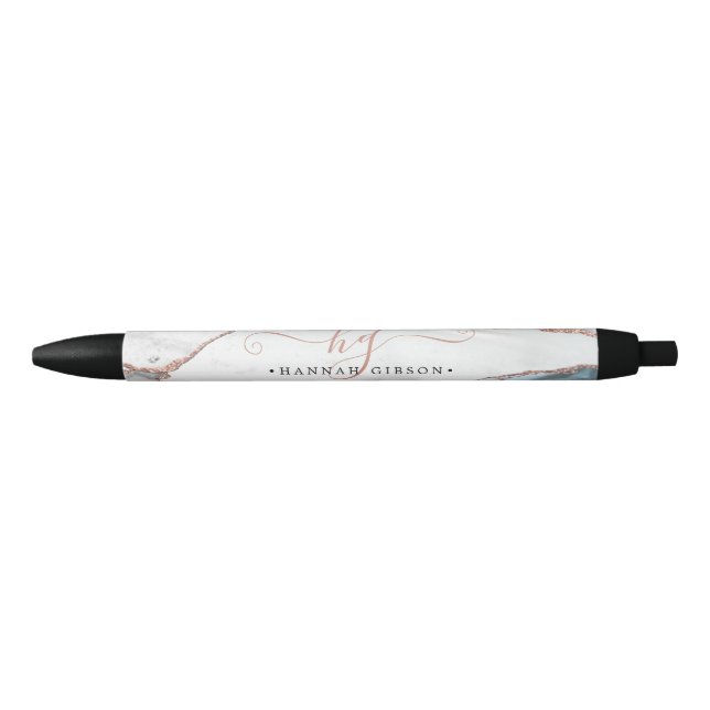 Marble Rose Gold Glitter Teal Script Monogram Pen (Front)