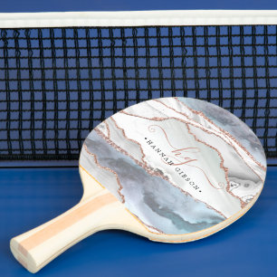 Marble Rose Gold Glitter Teal Script Monogram Ping Pong Paddle