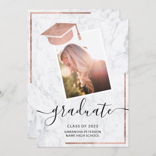 Marble rose gold graduate photo cap graduation invitation