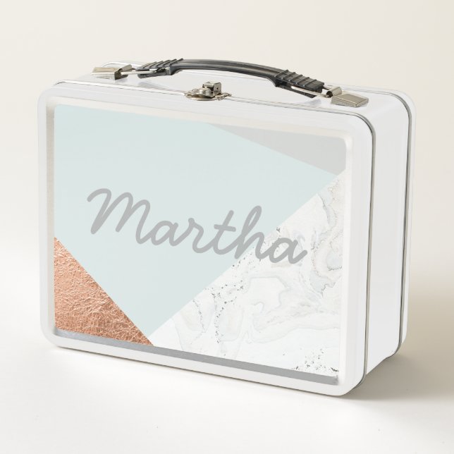 Marble, rose gold, grey and blue lunch box (Front)