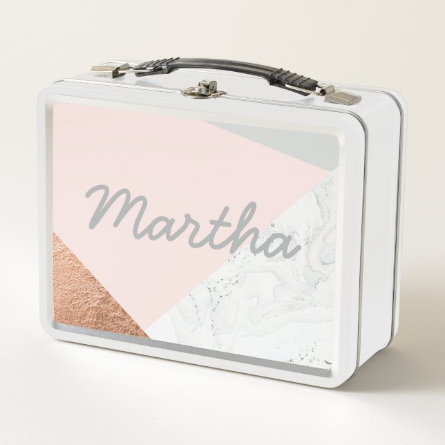 Marble, rose gold, grey and blush pink lunch box (Front)