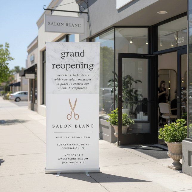 Marble & Rose Gold Hair Salon Business Reopening Retractable Banner (Creator Uploaded)