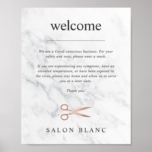 Marble  Rose Gold Hair Salon Covid Safety Welcome Poster