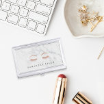 Marble Rose Gold Lashes & Brows Personalized Business Card Case<br><div class="desc">Elegant business card holder for aestheticians or makeup artists features your name and/or business name in dark gray lettering on a luxe white marble background adorned with a pair of lush lashes and brows in faux rose gold foil.</div>