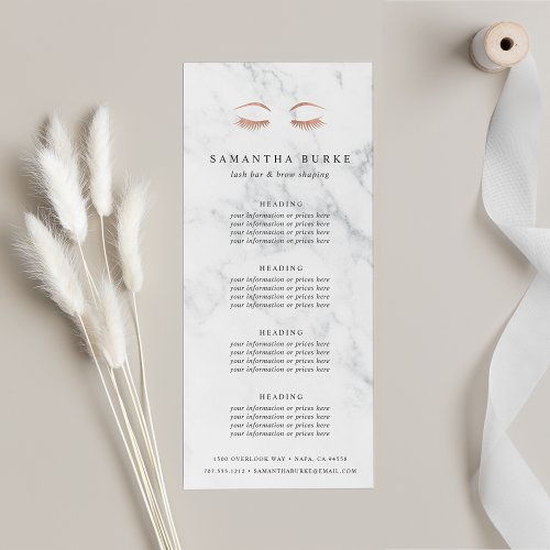Marble Rose Gold Lashes  Brows Pricing  Services Rack Card