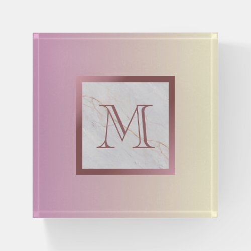 Marble Rose Gold Monogram Girly Pink Ombre Paperweight