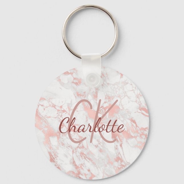 Marble rose gold monogram initials name  keychain (Front)