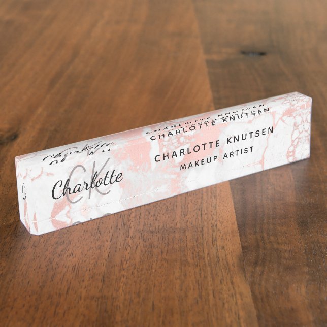Marble rose gold monogram modern professional  desk name plate (Side)
