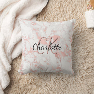 Marble rose gold monogram name throw pillow