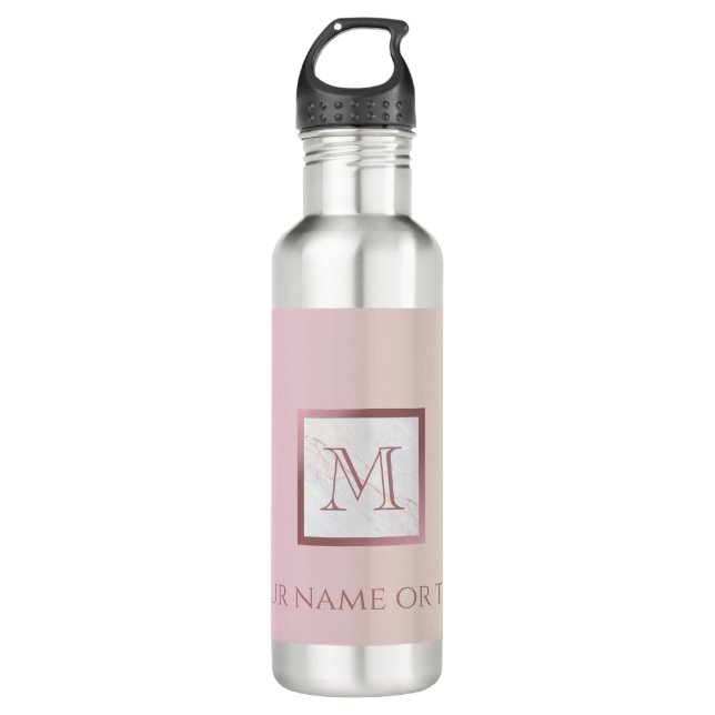 Marble Rose Gold Monogram Pink Ombre Stainless Steel Water Bottle (Front)