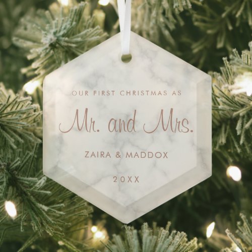 Marble Rose Gold Mr and Mrs Our First Christmas Glass Ornament