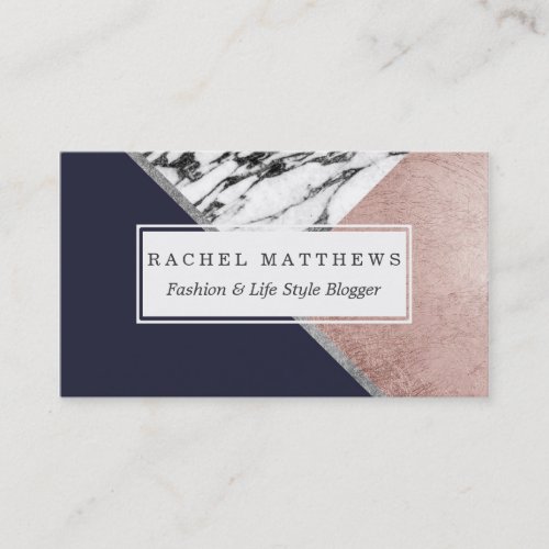 Marble Rose Gold Navy Blue Triangle Geometric Business Card