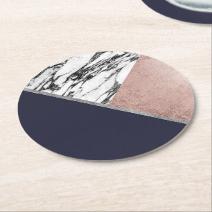 Marble Rose Gold Navy Blue Triangle Geometric Round Paper Coaster