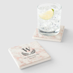 Marble rose gold pink family monogram classic stone coaster