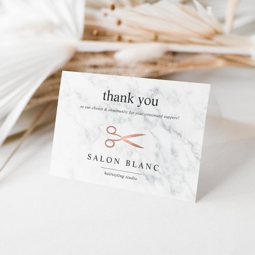 Marble  Rose Gold Scissors  Hair Salon Business Thank You Card