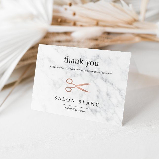 Marble & Rose Gold Scissors | Hair Salon Business Thank You Card (Creator Uploaded)