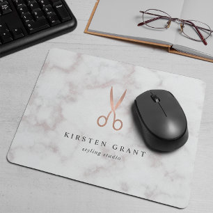 Marble & Rose Gold Scissors Hair Salon Logo Mouse Pad