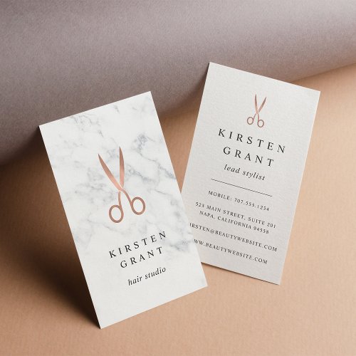 Marble  Rose Gold Scissors Hairstylist Business Card