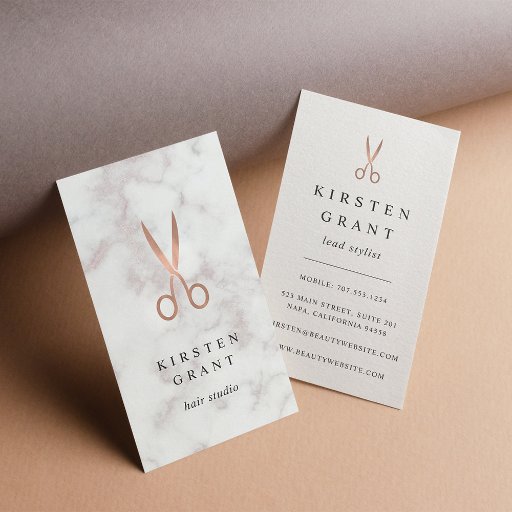 Customizable Marble &amp; Rose Gold Scissors Hairstylist Business Card
