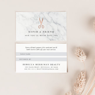 Marble & Rose Gold Scissors Logo | Hair Salon Referral Card