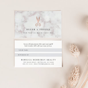 Marble & Rose Gold Scissors Logo Hair Salon Referral Card
