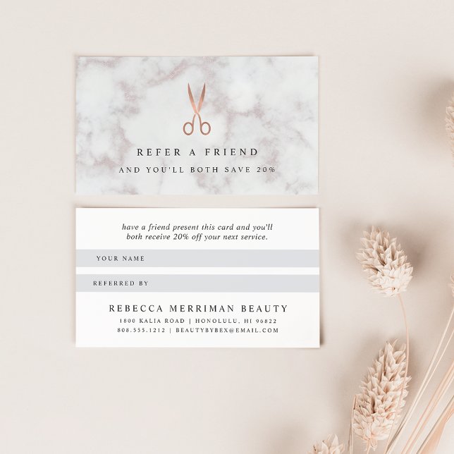 Marble & Rose Gold Scissors Logo | Hair Salon Referral Card (Creator Uploaded)