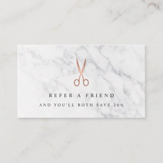 Marble Rose Gold Scissors Logo Hair Salon Referral Card