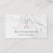 Marble & Rose Gold Scissors Logo Hairstylist Business Card (Front)