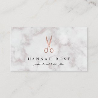 Marble & Rose Gold Scissors Logo Hairstylist Business Card