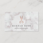 Marble & Rose Gold Scissors Logo Hairstylist Business Card (Front)