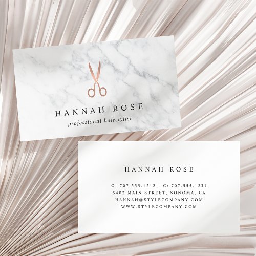 Marble  Rose Gold Scissors Logo Hairstylist Business Card