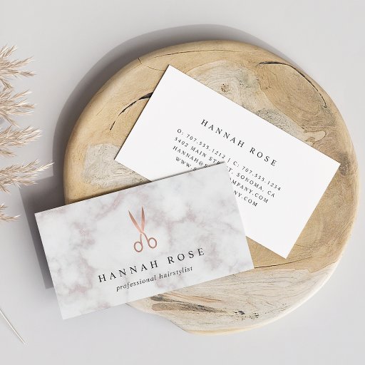 Customizable Marble &amp; Rose Gold Scissors Logo Hairstylist Business Card
