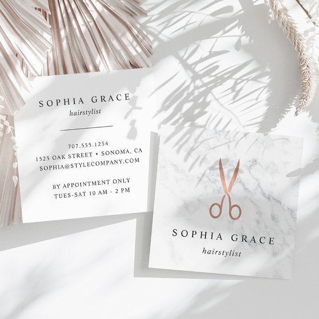 Marble & Rose Gold Scissors Logo Hairstylist Square Business Card (Creator Uploaded)