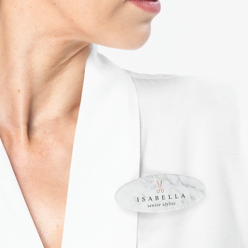 Marble  Rose Gold Scissors Logo  Salon Employee Name Tag