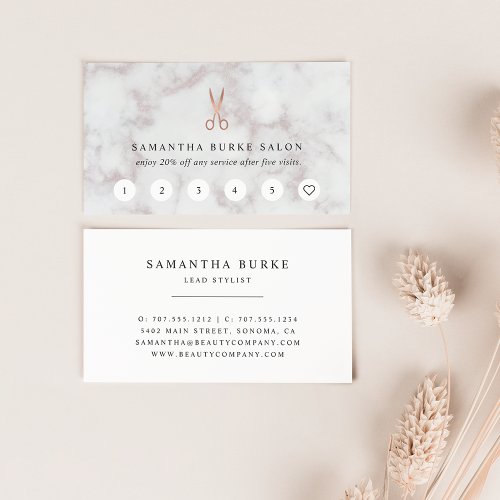 Marble  Rose Gold Scissors Logo  Salon Loyalty Card