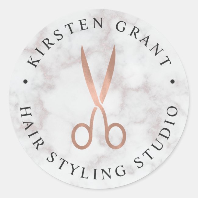 Marble & Rose Gold Scissors Salon Logo Classic Round Sticker
